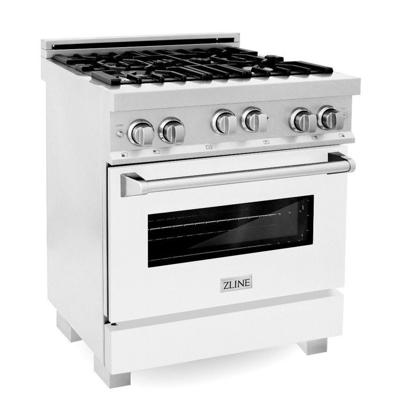 ZLINE Appliance Package -30" Professional Gas Range in DuraSnow® with White Matte Door & 30" Range Hood Package - 2KP-RGSWMRH30