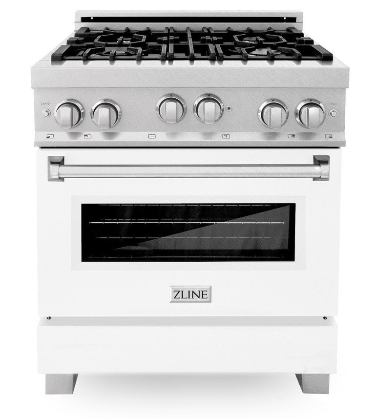 ZLINE Appliance Package -30" Professional Gas Range in DuraSnow® with White Matte Door & 30" Range Hood Package - 2KP-RGSWMRH30