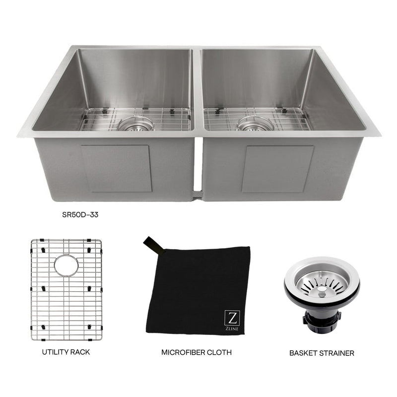 ZLINE 33 in. Anton Undermount Double Bowl Kitchen Sink with Bottom Grid (SR50D-33)