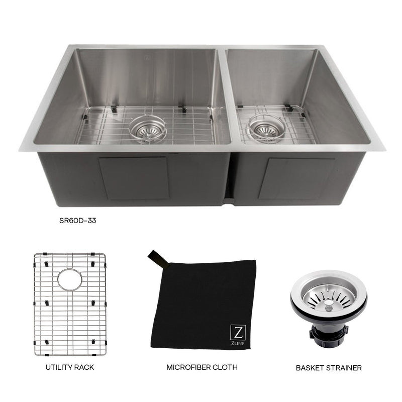 ZLINE 33 in. Chamonix Undermount Double Bowl Kitchen Sink with Bottom Grid (SR60D-33)