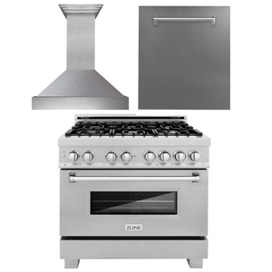 Products ZLINE Appliance Package - 36 in. Kitchen Package with DuraSnow® Stainless Dual Fuel Range, Ducted Vent Range Hood and Dishwasher