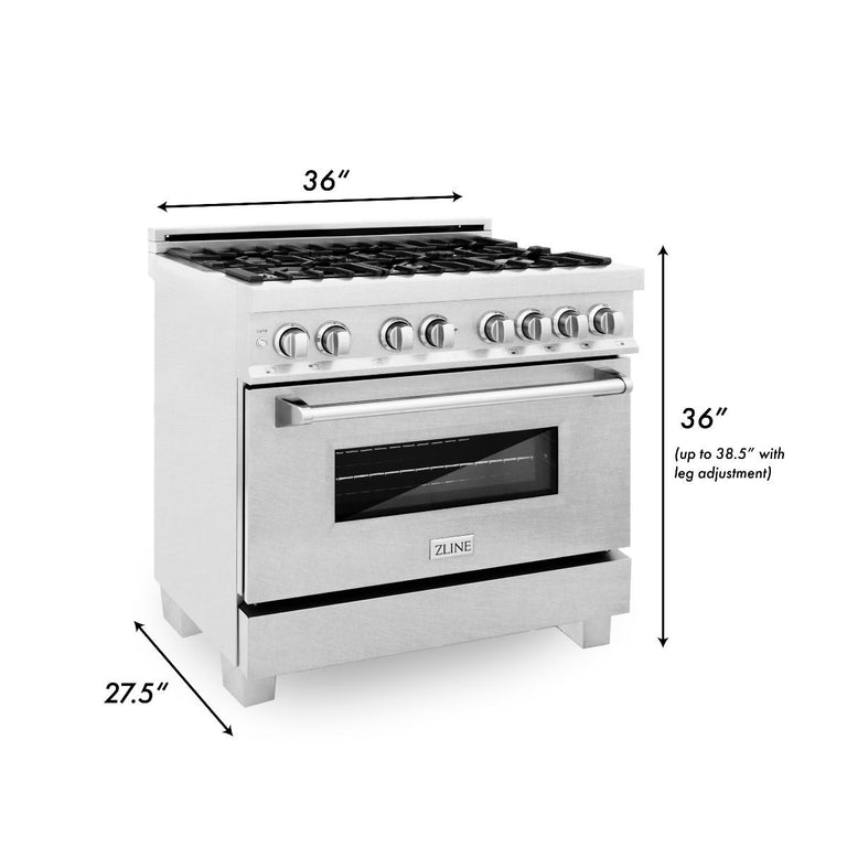 ZLINE Appliance Package - 36 in. Kitchen Package with DuraSnow® Stainless Dual Fuel Range, Ducted Vent Range Hood and Dishwasher - 3KP-RASRH36-DW