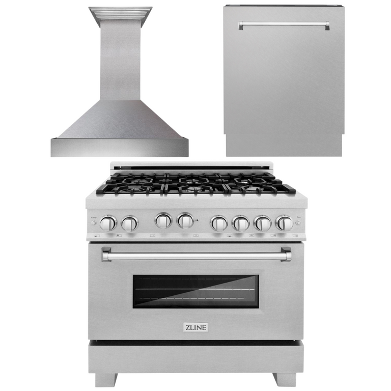 ZLINE Appliance Package - 36 in. DuraSnow® Stainless Steel Gas Range, Ducted Range Hood and Dishwasher