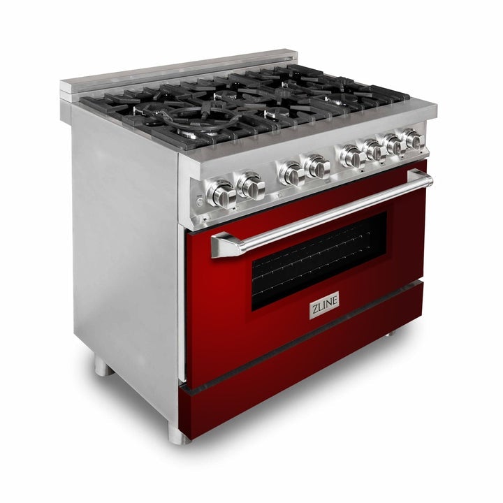 ZLINE 36" Kitchen Package with Stainless Steel Dual Fuel Range with Red Gloss Door and Convertible Vent Range Hood (2KP-RARGRH36)