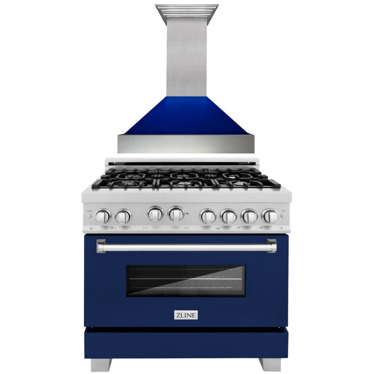Products ZLINE Appliance Package - 36" Professional Gas Range in DuraSnow® with Blue Gloss Matte Door & 36" Range Hood
