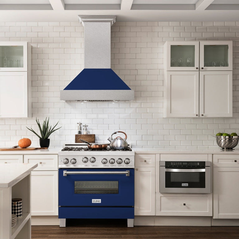 ZLINE Appliance Package - 36" Professional Gas Range in DuraSnow® with Blue Gloss Matte Door & 36" Range Hood - 2KP-RGSBGRH36