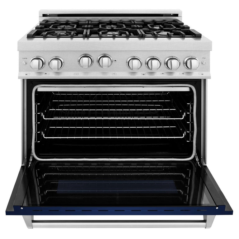 ZLINE Appliance Package - 36" Professional Gas Range in DuraSnow® with Blue Gloss Matte Door & 36" Range Hood - 2KP-RGSBGRH36