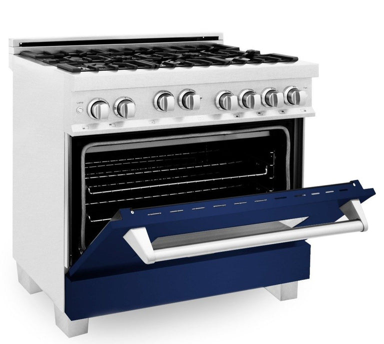 ZLINE Appliance Package - 36" Professional Gas Range in DuraSnow® with Blue Gloss Matte Door & 36" Range Hood - 2KP-RGSBGRH36