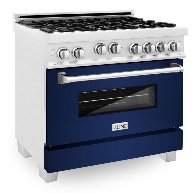 ZLINE Appliance Package - 36" Professional Gas Range in DuraSnow® with Blue Gloss Matte Door & 36" Range Hood - 2KP-RGSBGRH36