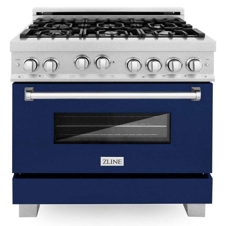 ZLINE Appliance Package - 36" Professional Gas Range in DuraSnow® with Blue Gloss Matte Door & 36" Range Hood - 2KP-RGSBGRH36