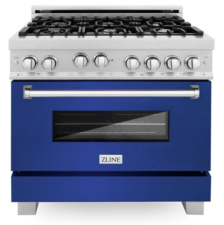 ZLINE Appliance Package - 36" Professional Gas Range in DuraSnow® with Blue Matte Door & 36" Range Hood - 2KP-RGSBMRH36