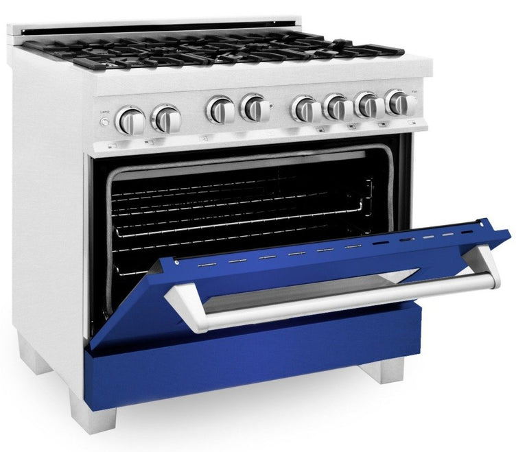 ZLINE Appliance Package - 36" Professional Gas Range in DuraSnow® with Blue Matte Door & 36" Range Hood - 2KP-RGSBMRH36