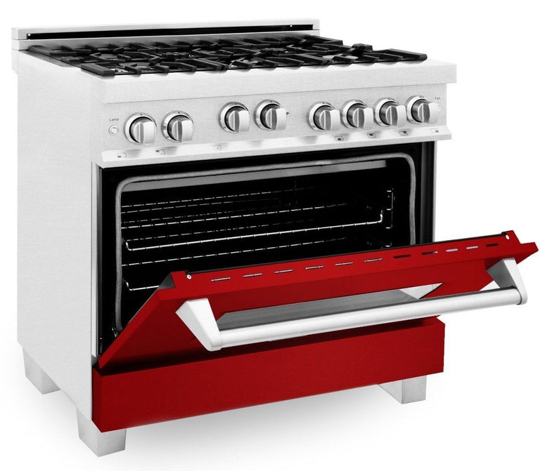 ZLINE Appliance Package - 36" Professional Gas Range in DuraSnow® with Red Gloss Door & 36" Range Hood - 2KP-RGSRGRH36