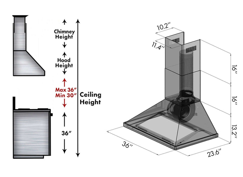 ZLINE 36 Inch Professional Convertible Vent Wall Mount Range Hood in Stainless Steel (696-36)