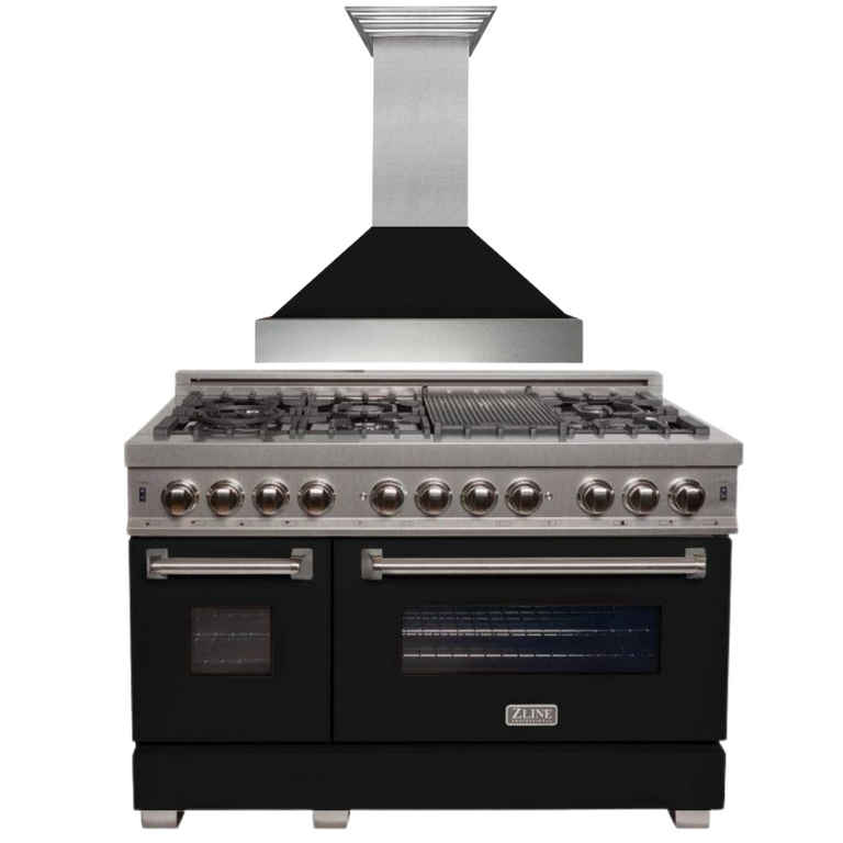 ZLINE Appliance Package - 48" Dual Fuel Range with Black Matte Door & 48" Range Hood 