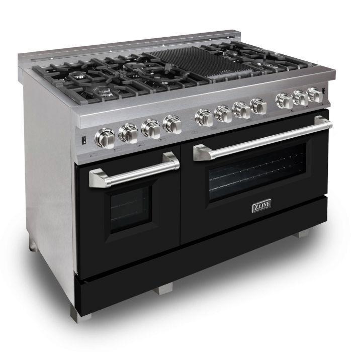 ZLINE Appliance Package - 48" Dual Fuel Range with Black Matte Door & 48" Range Hood - 2KP-RASBLMRH48