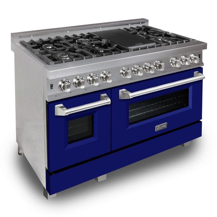 ZLINE Appliance Package - 48 in. Dual Fuel Range with Blue Matte Door & 48 in. Range Hood - 2KP-RASBMRH48