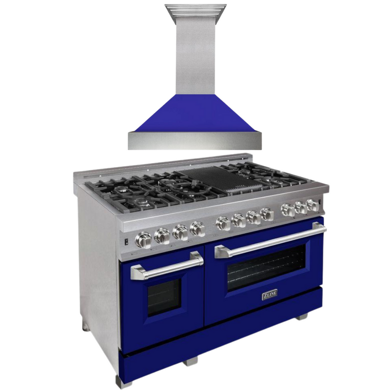 ZLINE Appliance Package - 48 in. Dual Fuel Range with Blue Matte Door & 48 in. Range Hood