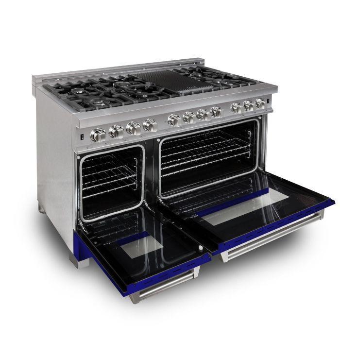 ZLINE Appliance Package - 48 in. Dual Fuel Range with Blue Matte Door & 48 in. Range Hood - 2KP-RASBMRH48