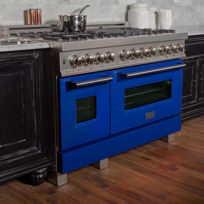 ZLINE Appliance Package - 48 in. Dual Fuel Range with Blue Matte Door & 48 in. Range Hood - 2KP-RASBMRH48