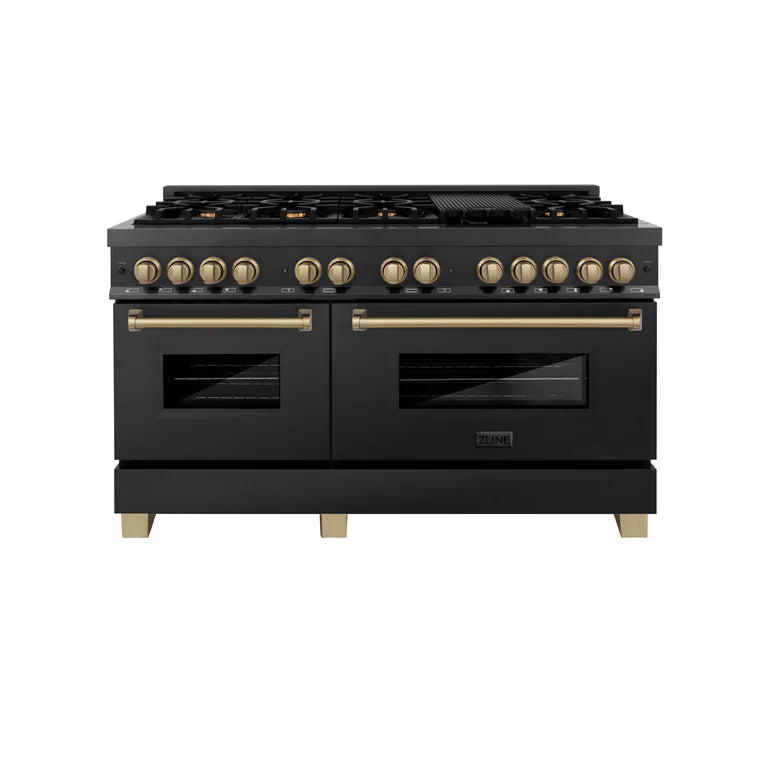 ZLINE 60 Inch Autograph Edition Dual Fuel Range in Black Stainless Steel with Champagne Bronze Accents, RABZ-60-CB