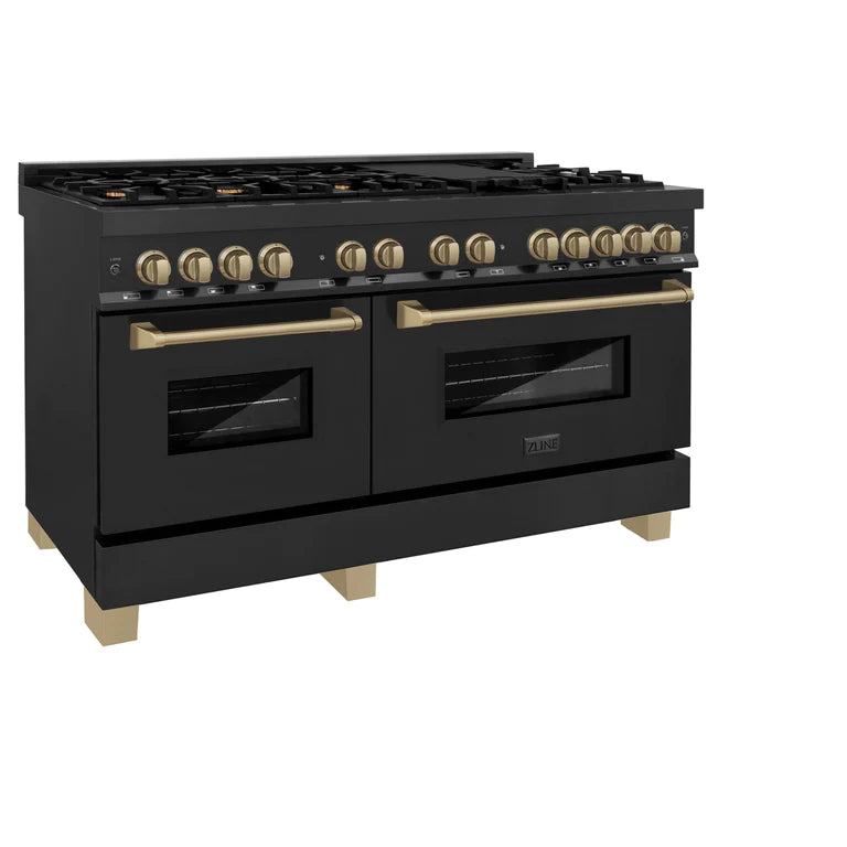 ZLINE 60 Inch Autograph Edition Dual Fuel Range in Black Stainless Steel with Champagne Bronze Accents, RABZ-60-CB