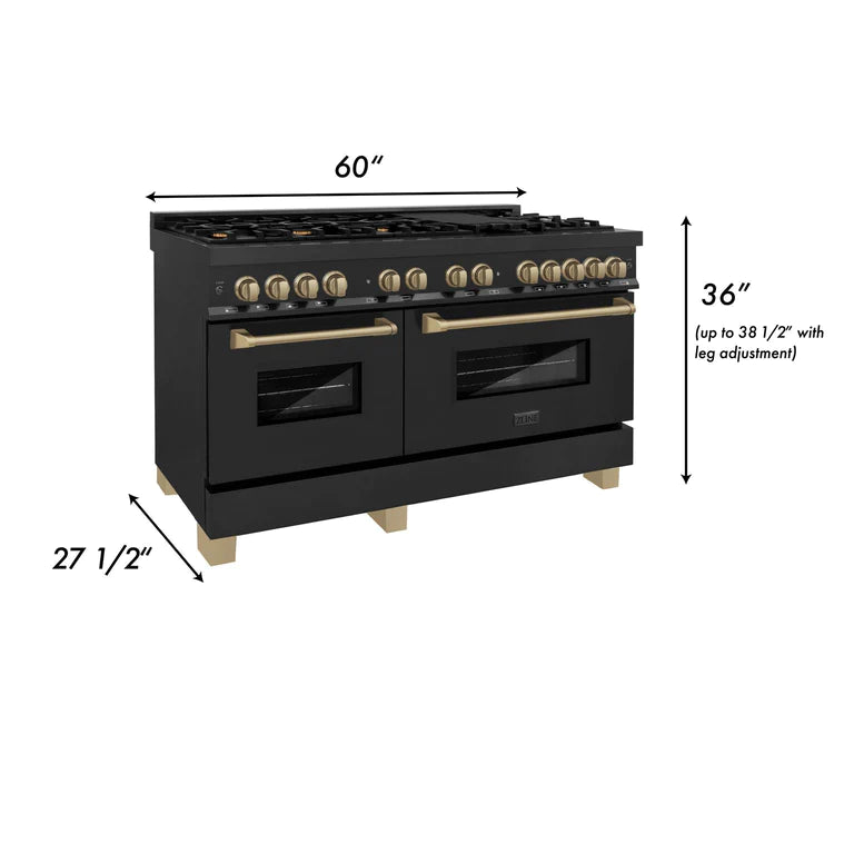 ZLINE 60 Inch Autograph Edition Dual Fuel Range in Black Stainless Steel with Champagne Bronze Accents, RABZ-60-CB