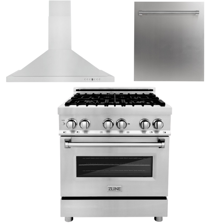 ZLINE Appliance Package - 30 in. Dual Fuel Range, 30 in. Range Hood, Dishwasher