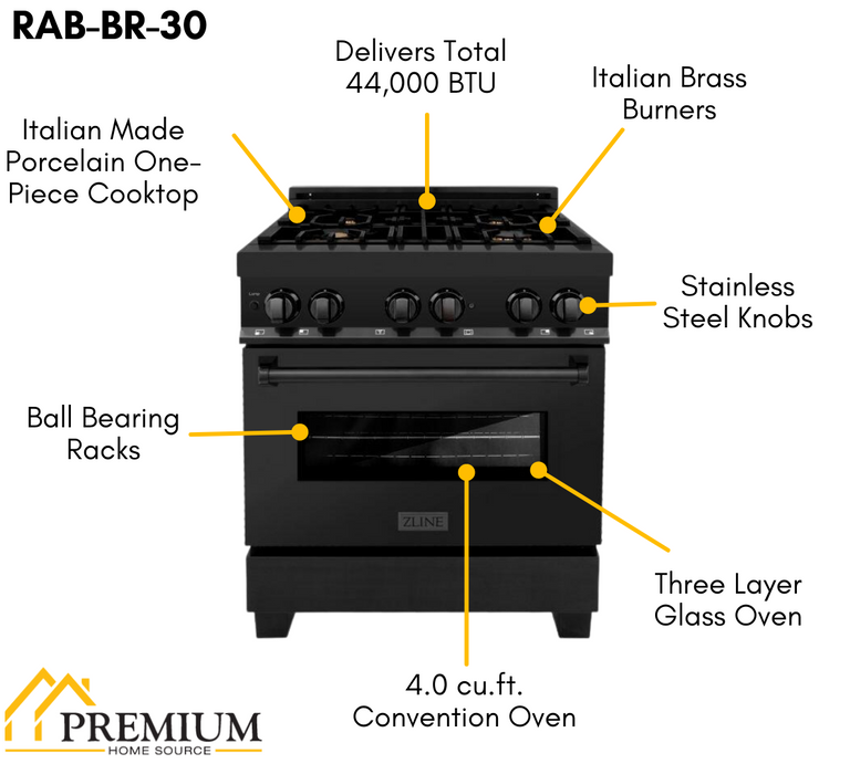 ZLINE Appliance Package - 30 in. Dual Fuel Range, Microwave, Refrigerator in Black Stainless - 3KPR-RABOTRH30