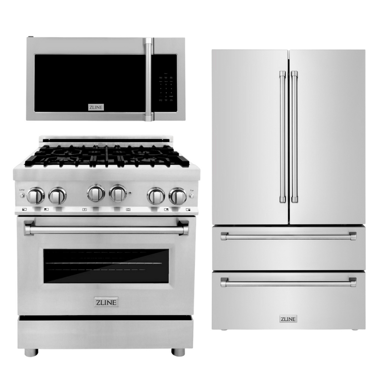 ZLINE Appliance Package - 30 in. Gas Range, Over-the-Range Microwave Refrigerator