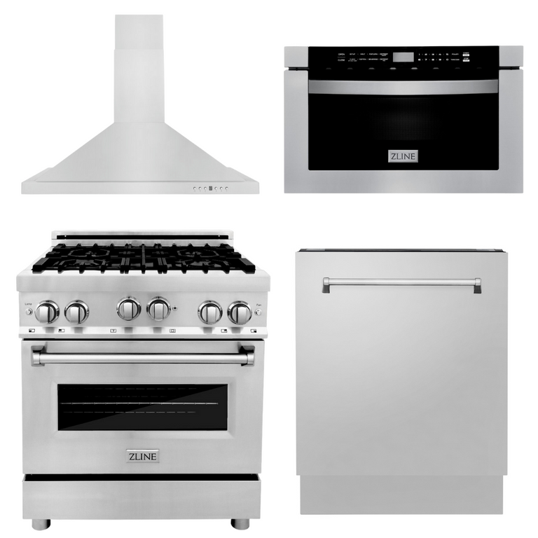 ZLINE Appliance Package - 30 in. Gas Range, Range Hood, Microwave Drawer, 3 Rack Dishwasher