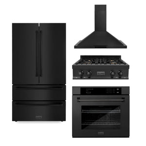 ZLINE Appliance Package - 30" Kitchen Package with Black Stainless Steel Refrigeration, Rangetop, 30" Range Hood and 30" Single Wall Oven