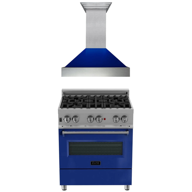 ZLINE Appliance Package - 30" Kitchen Package with DuraSnow® Stainless Steel Dual Fuel Range with Blue Gloss Door and Convertible Vent Range Hood