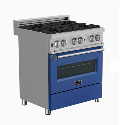 ZLINE Appliance Package - 30" Kitchen Package with DuraSnow® Stainless Steel Dual Fuel Range with Blue Gloss Door and Convertible Vent Range Hood - 2KP-RASBGRH30