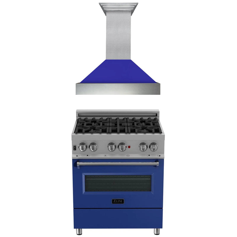 ZLINE Appliance Package -30" Kitchen Package with DuraSnow® Stainless Steel Dual Fuel Range with Blue Matte Door and Convertible Vent Range Hood