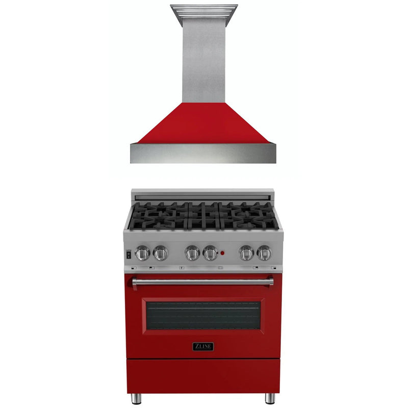 ZLINE Appliance Package - 30" Kitchen Package with DuraSnow® Stainless Steel Dual Fuel Range with Red Matte Door and Convertible Vent Range Hood 