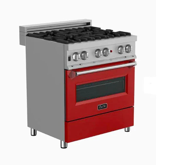 ZLINE Appliance Package - 30" Kitchen Package with DuraSnow® Stainless Steel Dual Fuel Range with Red Matte Door and Convertible Vent Range Hood - 2KP-RASRMRH30