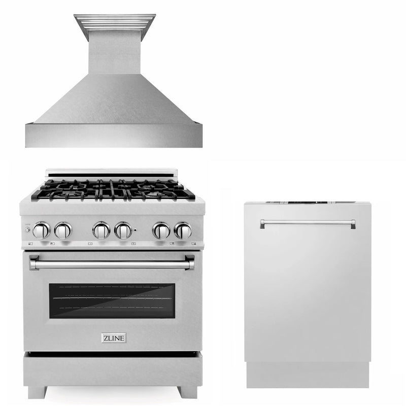 ZLINE Appliance Package - 30" Kitchen Package with DuraSnow® Stainless Steel Gas Range, Ducted Range Hood and Dishwasher