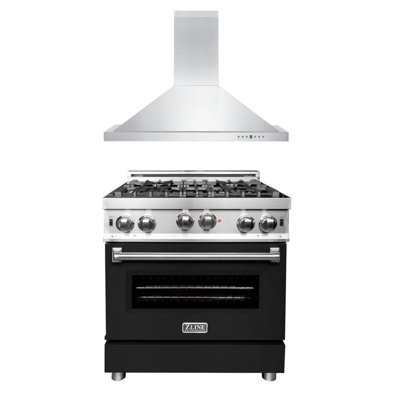 ZLINE Appliance Package - 30" Kitchen Package with Stainless Steel Gas Range with Black Matte Door and Convertible Vent Range Hood