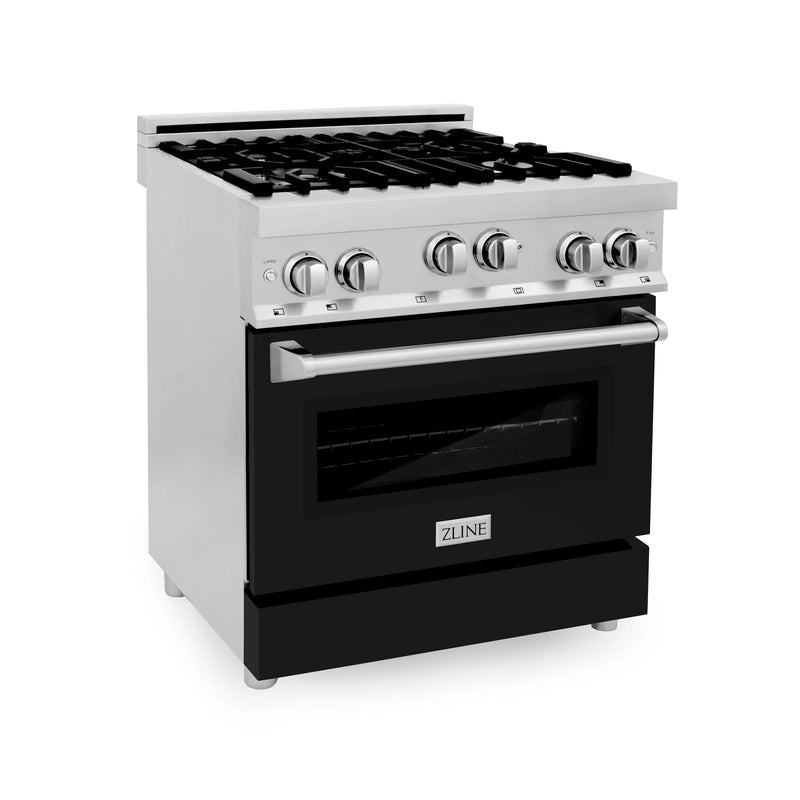 ZLINE Appliance Package - 30" Kitchen Package with Stainless Steel Gas Range with Black Matte Door and Convertible Vent Range Hood - 2KP-RGBLMRH30