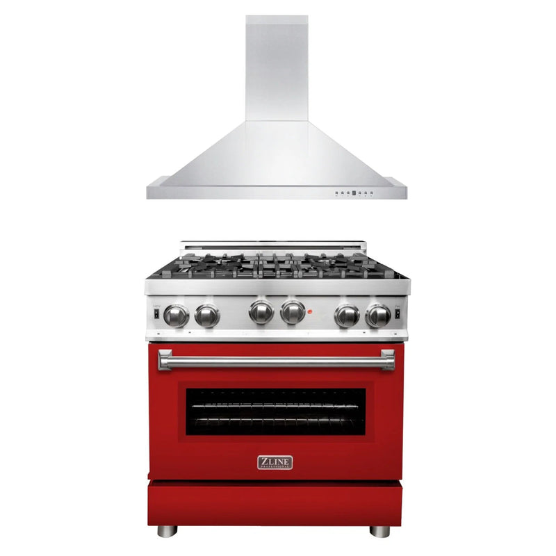 Products ZLINE Appliance Package -30" Kitchen Package with Stainless Steel Gas Range with Red Matte Door and Convertible Vent Range Hood