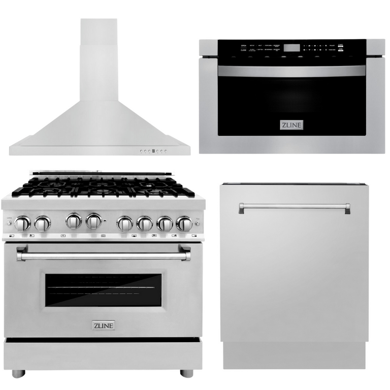 ZLINE Appliance Package - 36 in. Gas Range, Range Hood, Microwave Drawer, 3 Rack Dishwasher 