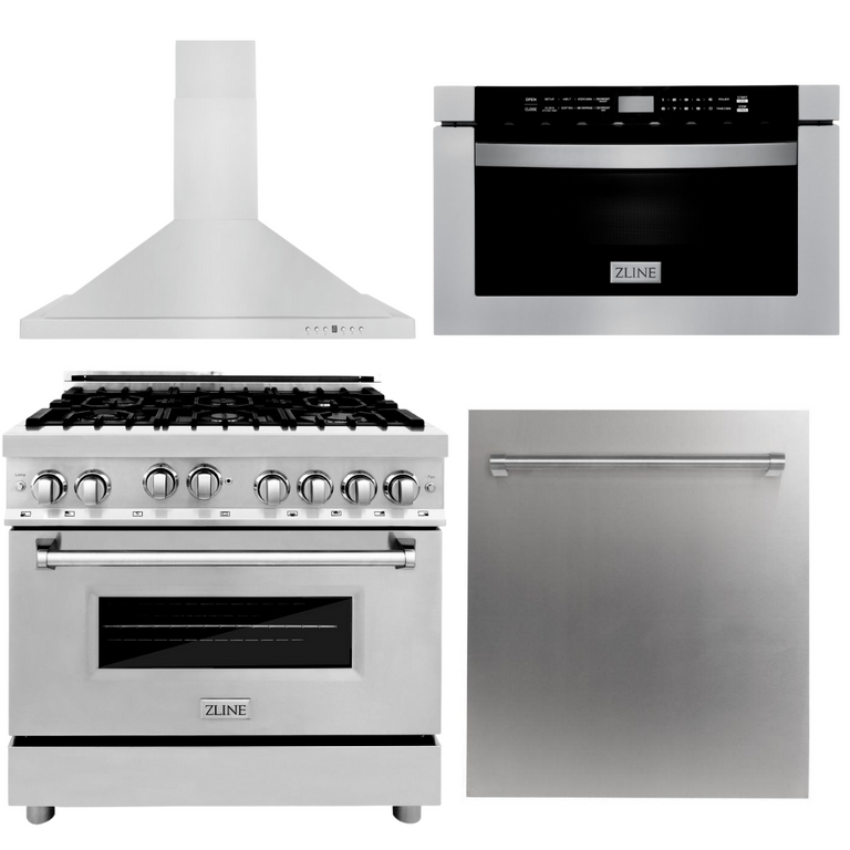 ZLINE Appliance Package - 36 in. Gas Range, Range Hood, Microwave Drawer, Dishwasher 