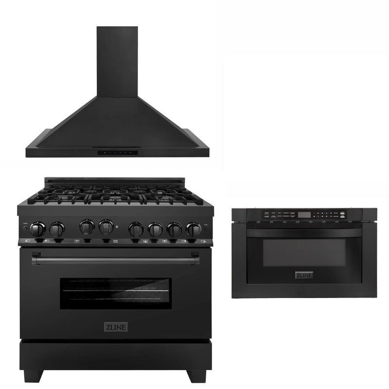 ZLINE Appliance Package - 36" Kitchen Package with Black Stainless Steel Gas Range, Convertible Vent Range Hood and Microwave Drawer 