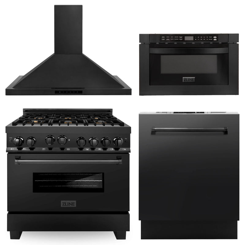 ZLINE Appliance Package - 36" Kitchen Package with Black Stainless Steel Gas Range, Range Hood, Microwave Drawer and Dishwasher 