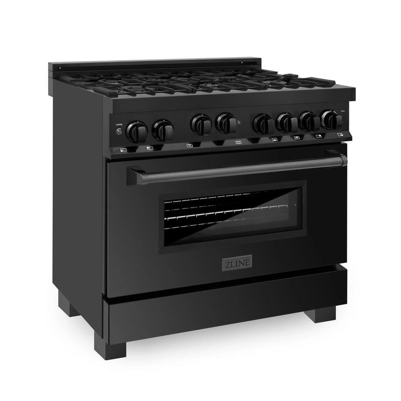 ZLINE Appliance Package - 36" Kitchen Package with Black Stainless Steel Gas Range, Range Hood, Microwave Drawer and Dishwasher 