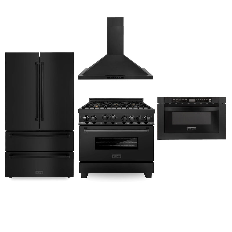 ZLINE Appliance Package - 36" Kitchen Package with Black Stainless Steel Refrigeration, Gas Range and Microwave Drawer