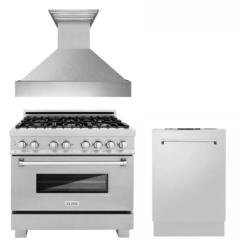 ZLINE Appliance Package - 36" Kitchen Package with DuraSnow® Stainless Steel Gas Range, Ducted Range Hood and Dishwasher