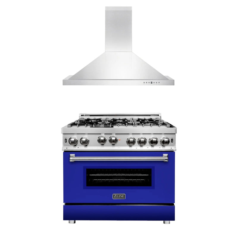 ZLINE Appliance Package -36" Kitchen Package with Stainless Steel Gas Range with Blue Matte Door and Convertible Vent Range Hood