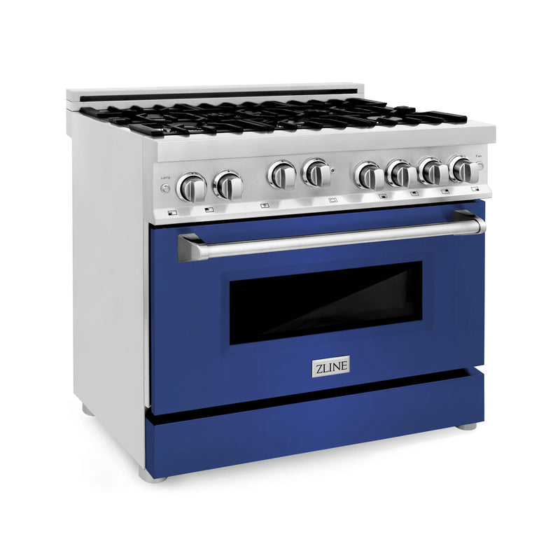 ZLINE Appliance Package -36" Kitchen Package with Stainless Steel Gas Range with Blue Matte Door and Convertible Vent Range Hood - 2KP-RGBMRH36